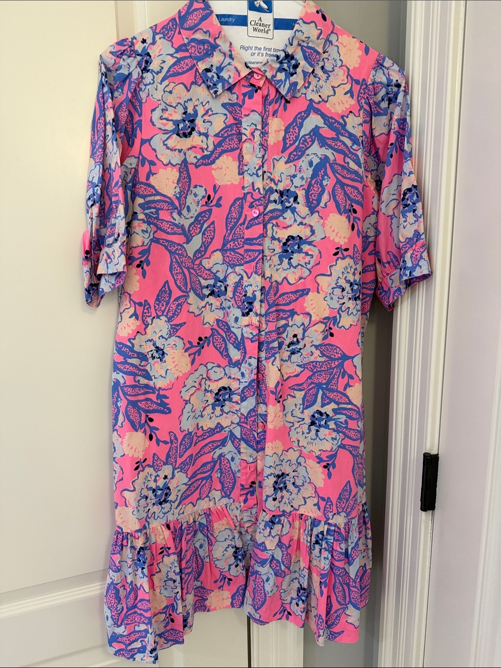 Pink Floral Shirt Dress with Ruffle Hem
